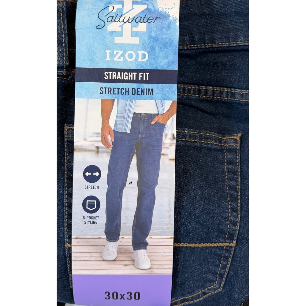 Izod Saltwater Mens Straight Fit Stretch Denim Jeans 30x30 Dark Blue Classic